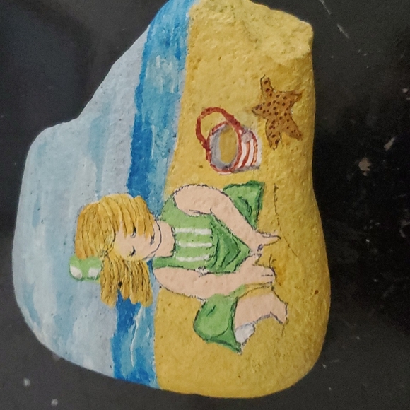 Hand Painted Rock With Beach Ocean Scene Girl and Dog - Picture 2 of 2